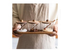 　摩登主妇简约玻璃调味瓶相思木底座套装家用厨房防潮调料罐调味罐图2