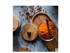 　摩登主妇简约玻璃调味瓶相思木底座套装家用厨房防潮调料罐调味罐图3